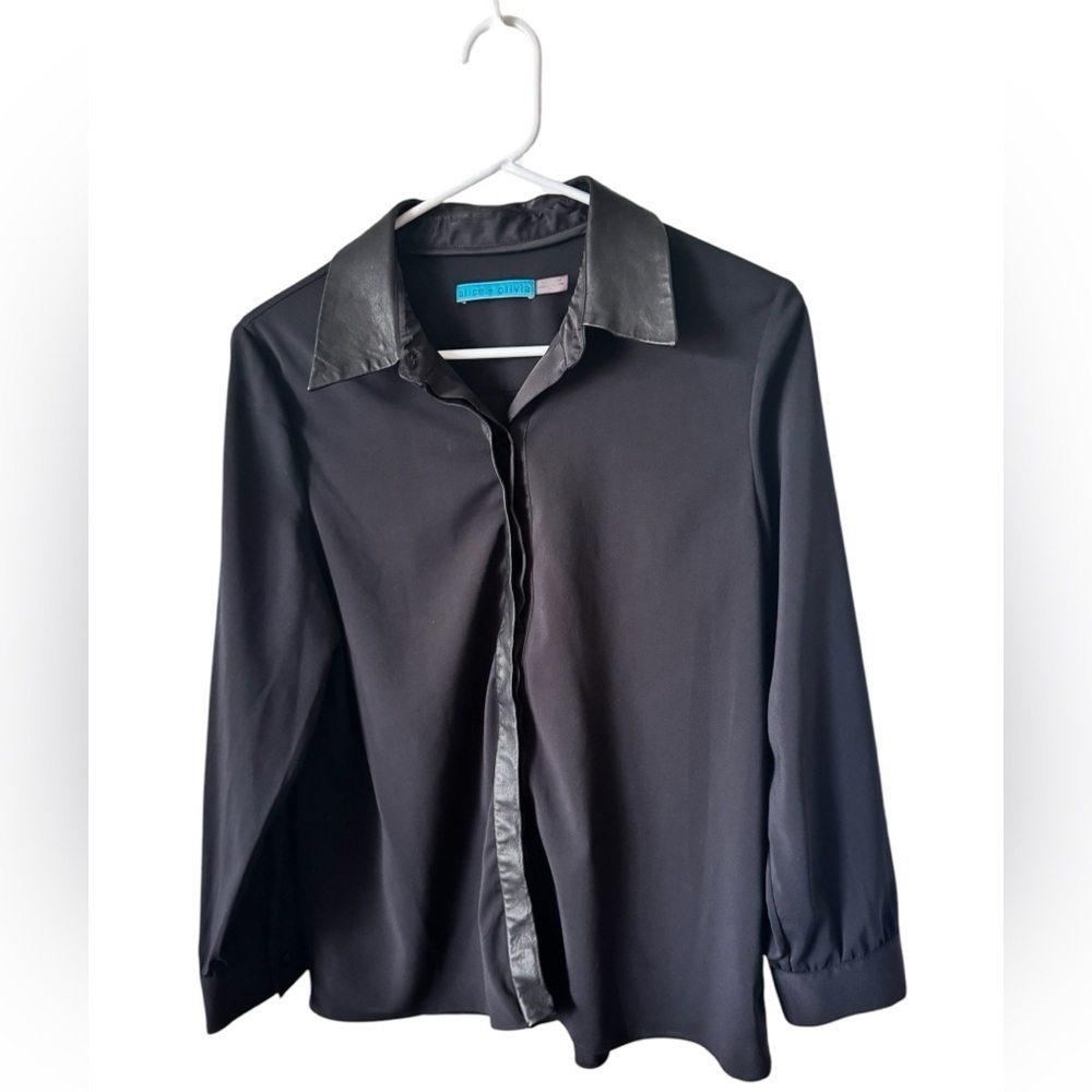 Alice + Olivia Black Long Sleeve Button Down Blouse Leather Collar sz M
